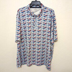 JOHNSTON & MURPHY XC4 Polo Men's 2XL Red Blue Shark Print Short Sleeve Shirt‎